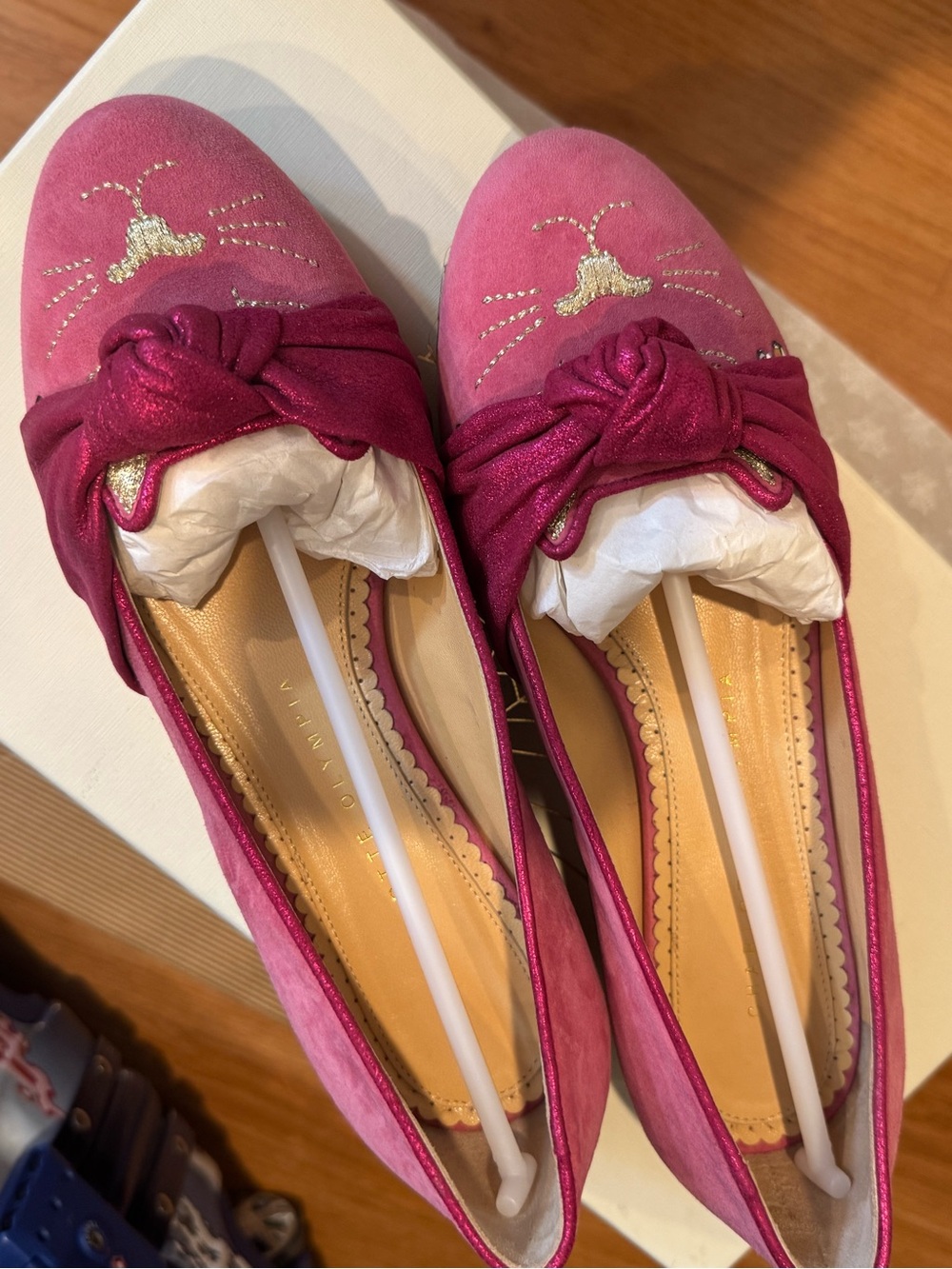 Charlotte Olympia Magenta Cat-Embroidered Knot Ballet Flats